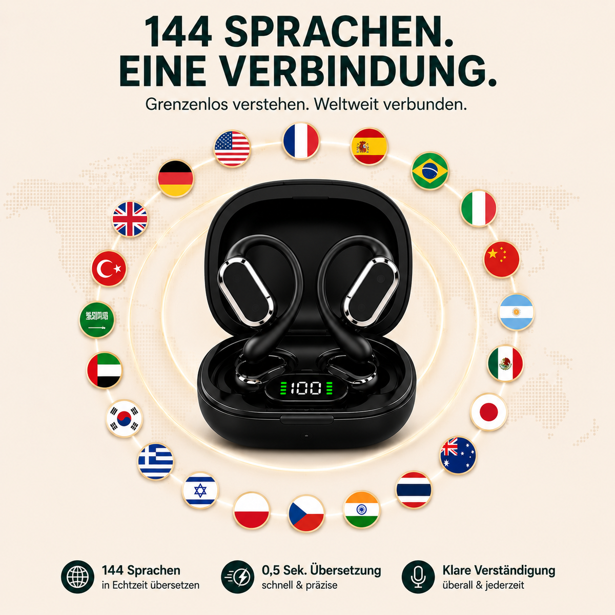 KI-Übersetzer-Ohrhörer – Echtzeit-Sprachübersetzung in 144 Sprachen