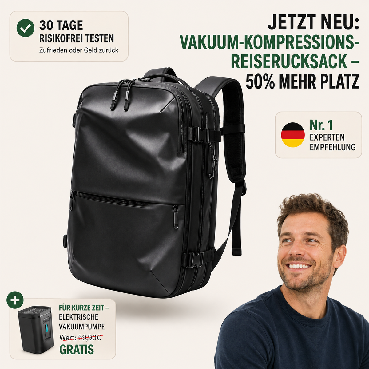 Reiserucksack mit Vakuum-Kompression – großer Business- & Reiserucksack