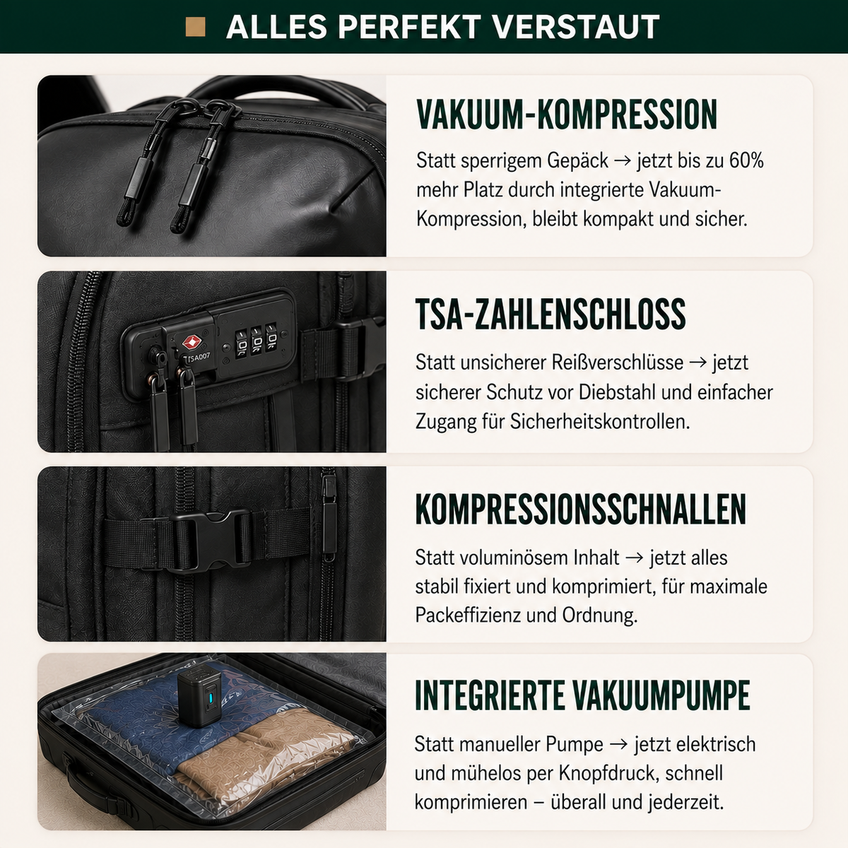 Reiserucksack mit Vakuum-Kompression – großer Business- & Reiserucksack